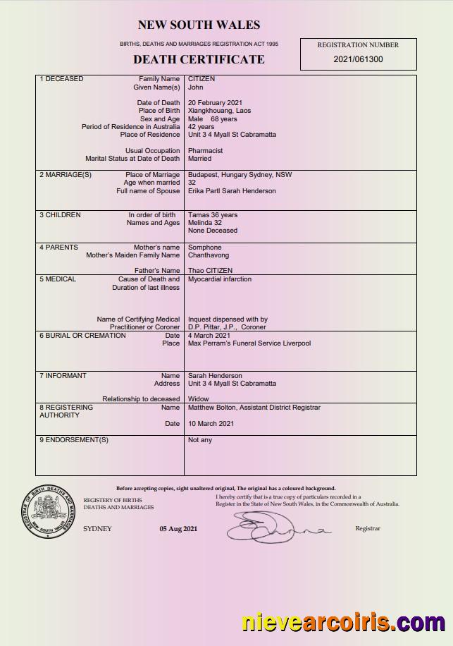 Australia New South Wales Death Certificate